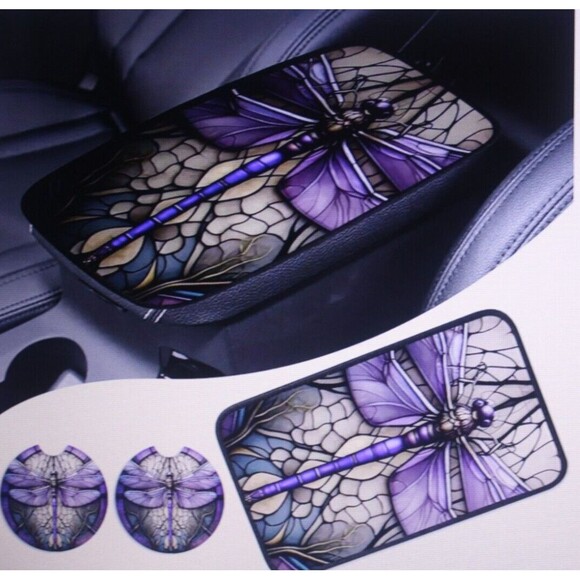 Dragonfly Console Cover & Matching Drink Holder Coasters 3 Pc Set Colorful NIP - Picture 2 of 9